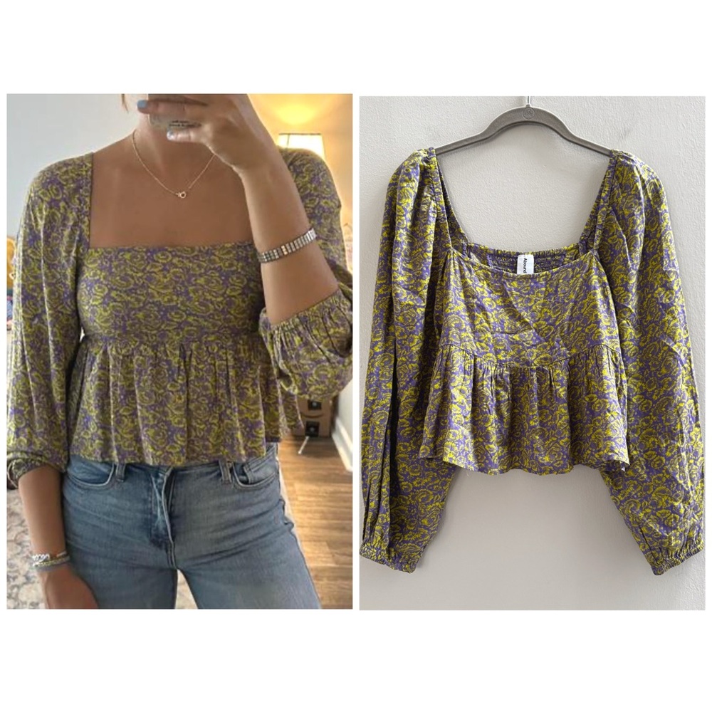 Abound Purple Green Rose Flower Print Cropped Boho Peasant Top NWT Small